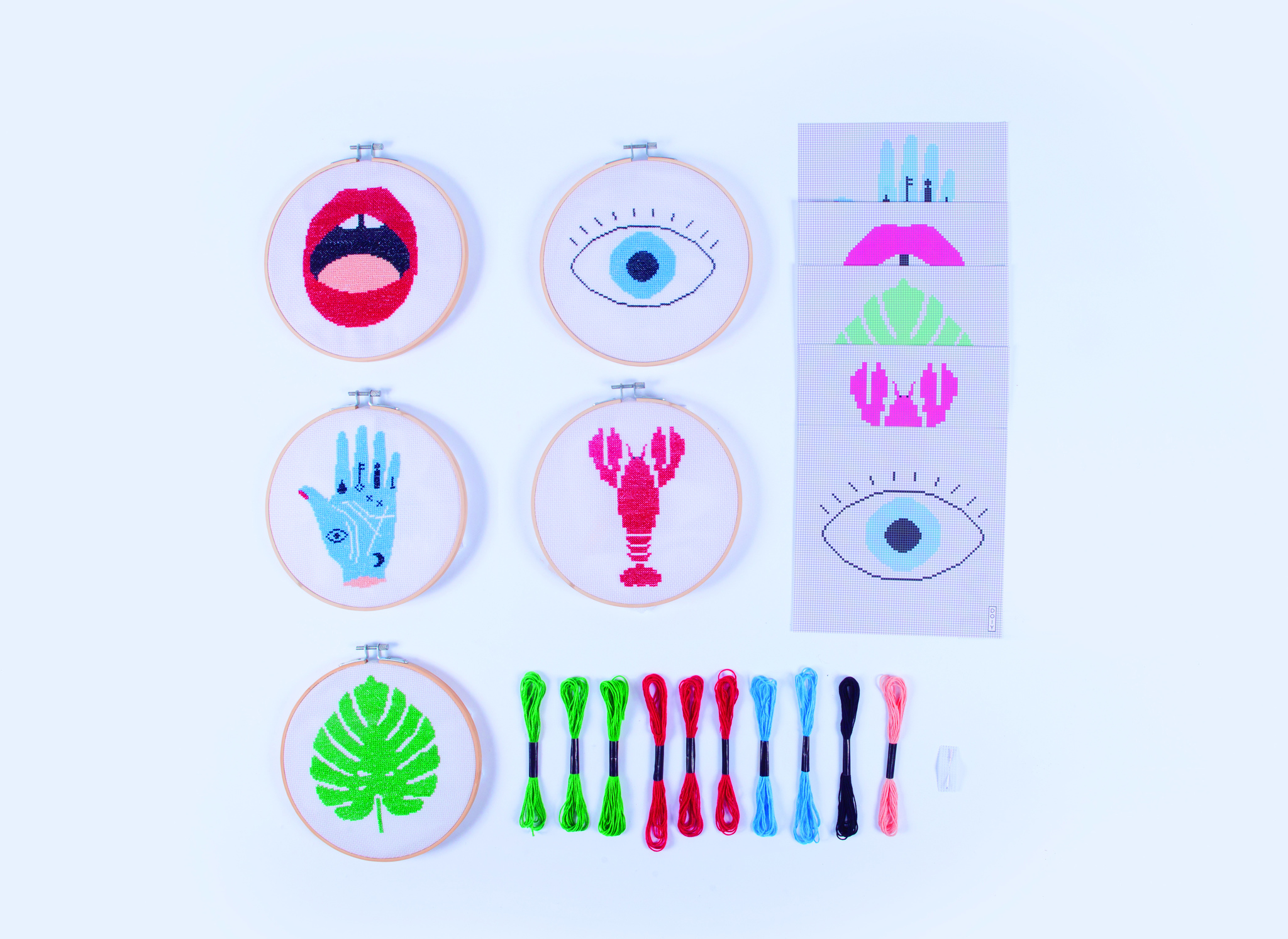 Cross stitch kit including colored threads, needle